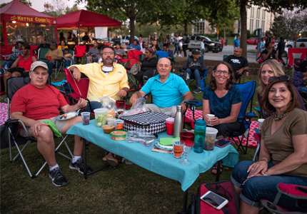 Outdoor crowd in folding chairs at a concert in the park